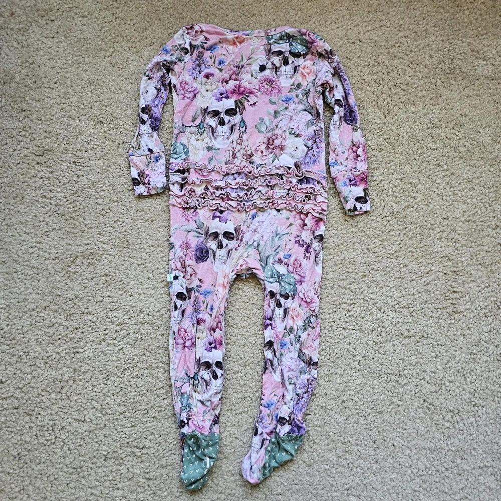 Posh Peanut bamboo one piece footie pink floral skulls ruffles size 18-24 months